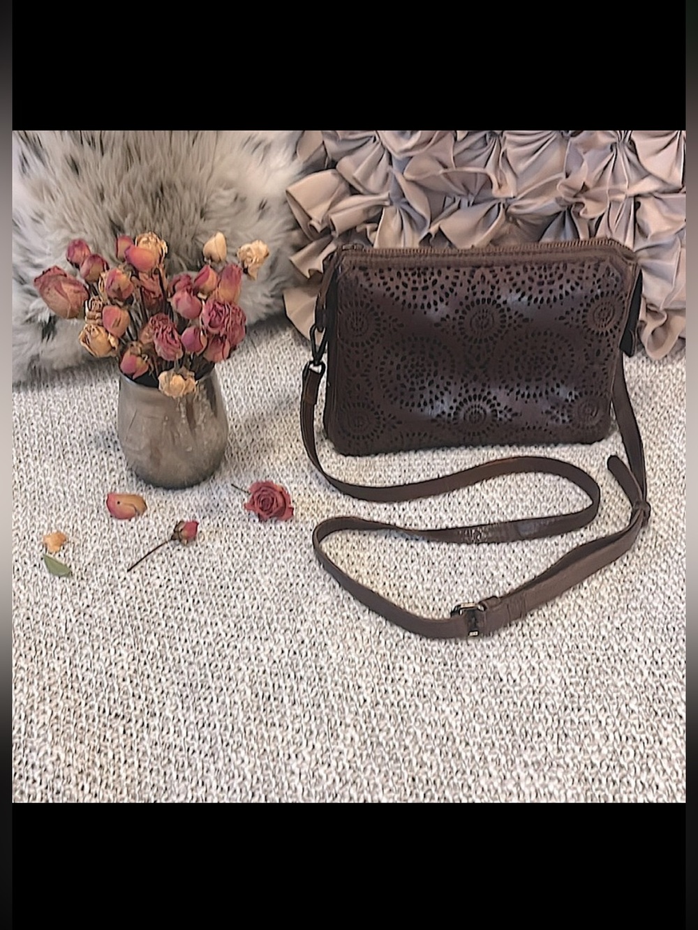Brown Leather Perforated Boho Small Neutral Crossbody Shoulder Purse Bag